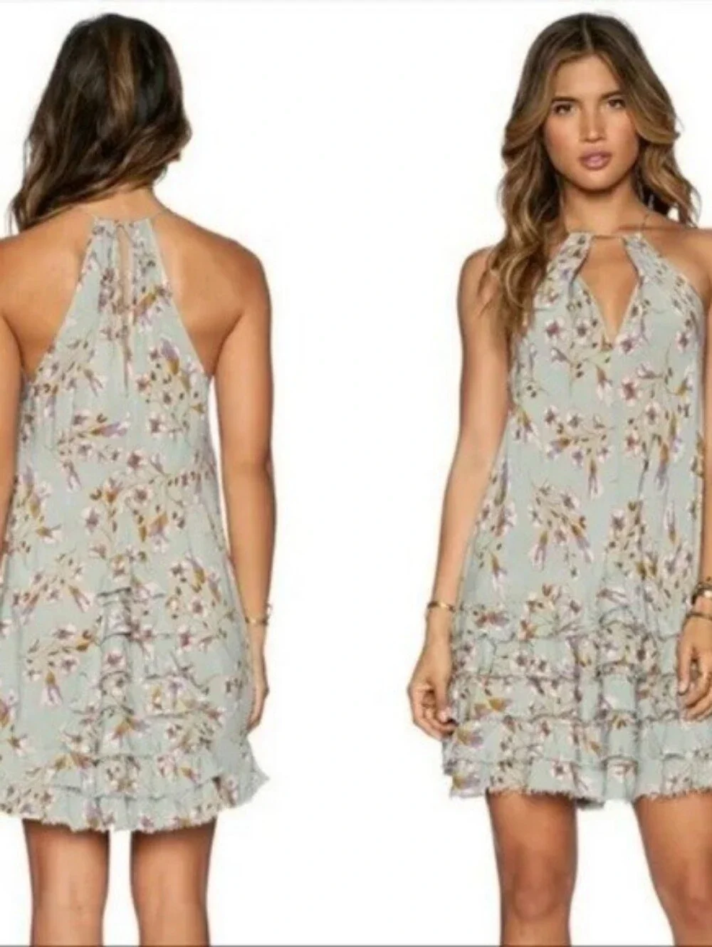 Free People Floral Ruffled Sea Foam Dress